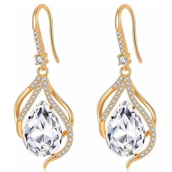 14K Yellow Gold with White Diamond Austrian Crystal Twisted Teardrop Earrings - Picture 1 of 6